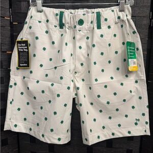 Tipsy Elves White and Green Shorts with Green Clover Pattern